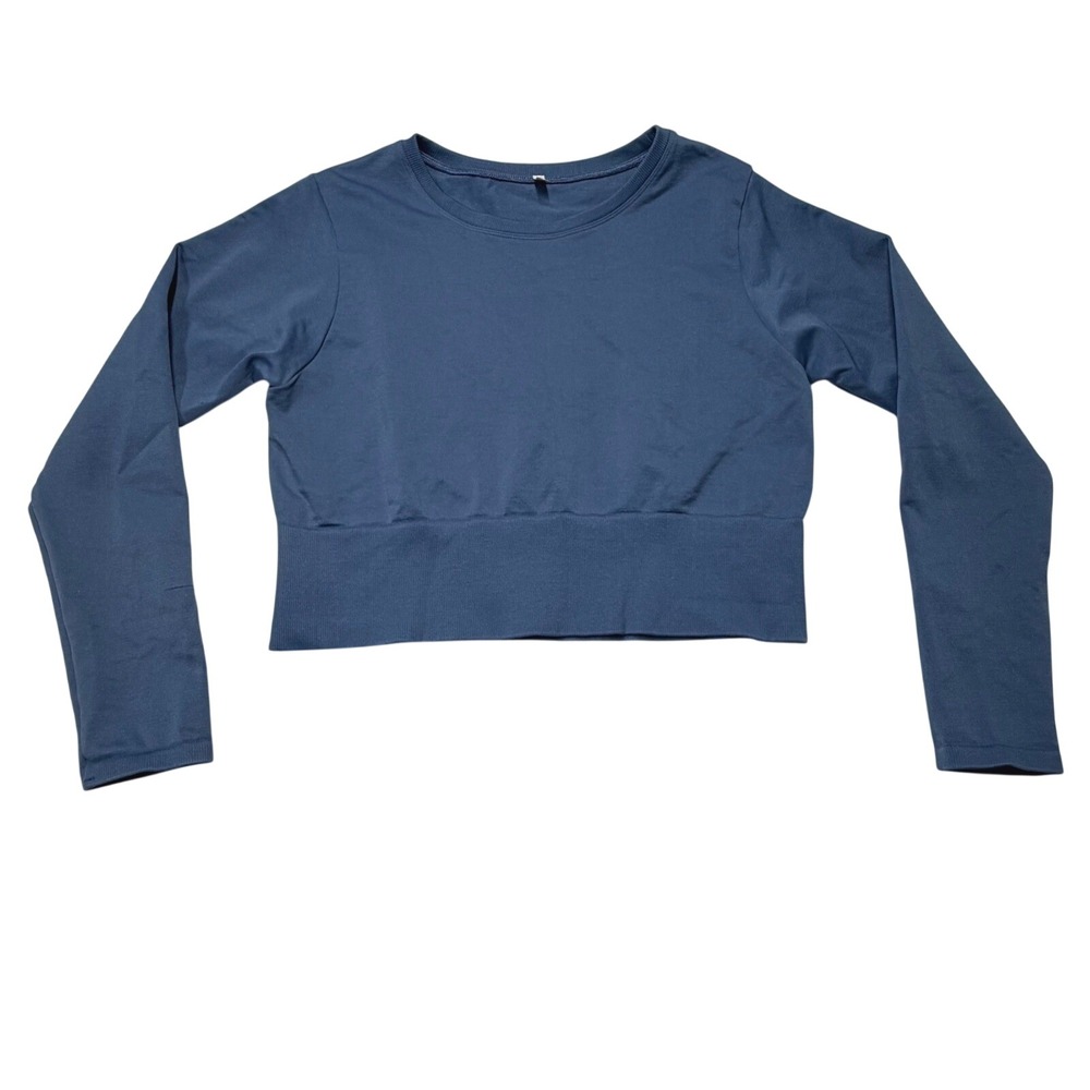 Aerie Crop Top Blue Seamless Long Sleeve Crew Neck Ribbed Hem Size S